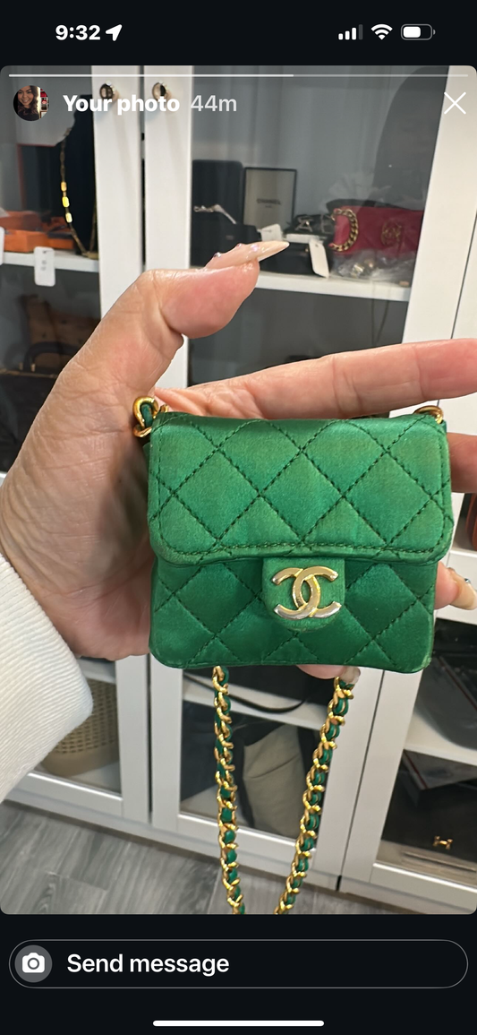 CHANEL Mini Matelasse Chain Pouch Shoulder Bag Satin Green Gold CC